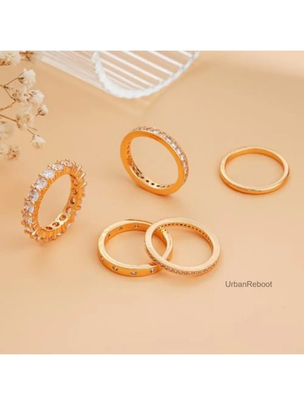 14k Gold Plated Stackable Rings Set for Women, 5pc Dainty Simulated Diamond